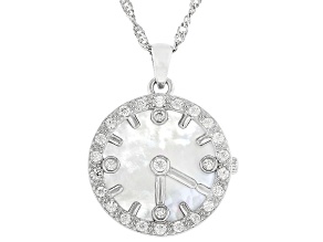 White Mother-of-Pearl and White Cubic Zirconia Rhodium Over Sterling Silver Pendant 0.47ctw