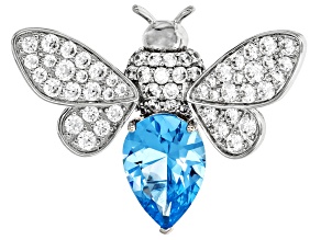 Lab Blue Spinel and White Cubic Zirconia Rhodium Over Brass Bee Brooch 7.82ctw