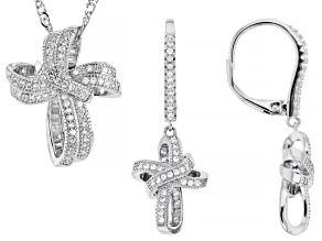 White Cubic Zirconia Rhodium Over Brass Cross Earrings and Pendant Set 1.48ctw