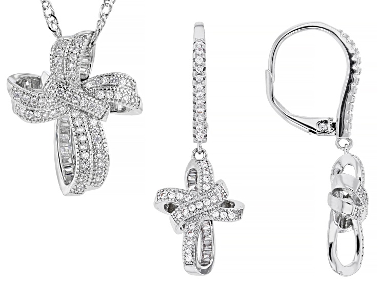 White Cubic Zirconia Rhodium Plated Cross Earrings and Pendant Set 1.48ctw