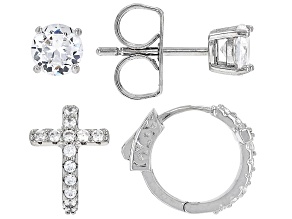 White Cubic Zirconia Rhodium Over Brass Cross Huggies and Stud Earrings Set 2.35ctw