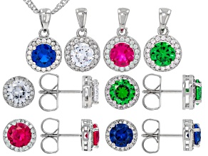 Lab Ruby, Blue Lab Spinel White Multi-Gemstone Rhodium Over Brass Stud and Pendant Set 17.66ctw