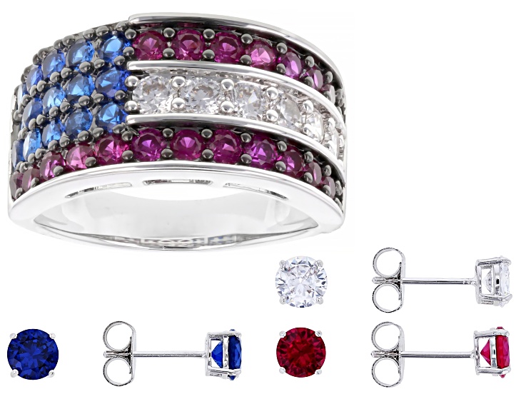 Lab Ruby, Blue Lab Spinel, White Cubic Zirconia Rhodium Over Brass Ring and Stud Set 11.06ctw