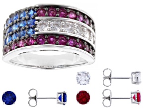 Lab Ruby, Blue Lab Spinel, White Cubic Zirconia Rhodium Over Brass Ring and Stud Set 11.06ctw