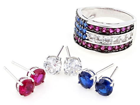 Lab Ruby, Blue Lab Spinel, White Cubic Zirconia Rhodium Over Brass Ring and Stud Set 11.06ctw