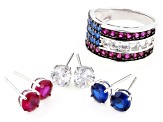 Lab Ruby, Blue Lab Spinel, White Cubic Zirconia Rhodium Over Brass Ring and Stud Set 11.06ctw
