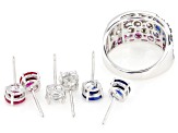 Lab Ruby, Blue Lab Spinel, White Cubic Zirconia Rhodium Over Brass Ring and Stud Set 11.06ctw