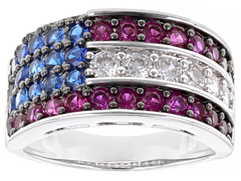 Lab Ruby, Blue Lab Spinel, White Cubic Zirconia Rhodium Over Brass Ring and Stud Set 11.06ctw