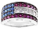 Lab Ruby, Blue Lab Spinel, White Cubic Zirconia Rhodium Over Brass Ring and Stud Set 11.06ctw