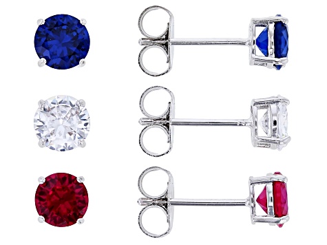 Lab Ruby, Blue Lab Spinel, White Cubic Zirconia Rhodium Over Brass Ring and Stud Set 11.06ctw