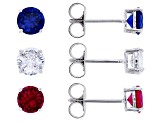 Lab Ruby, Blue Lab Spinel, White Cubic Zirconia Rhodium Over Brass Ring and Stud Set 11.06ctw