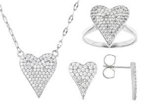White Cubic Zirconia Rhodium Over Brass Heart Ring, Stud, and Necklace Set 1.95ctw