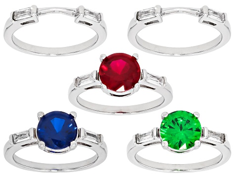 Lab Ruby, Blue Lab Spinel, and Green & White Cubic Zirconia Rhodium Over Brass Ring Set 11.41ctw