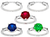Lab Ruby, Blue Lab Spinel, and Green & White Cubic Zirconia Rhodium Over Brass Ring Set 11.41ctw
