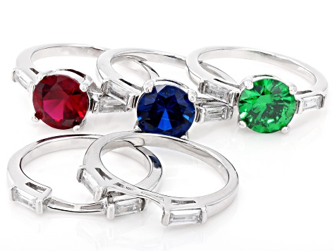 Lab Ruby, Blue Lab Spinel, and Green & White Cubic Zirconia Rhodium Over Brass Ring Set 11.41ctw