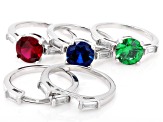 Lab Ruby, Blue Lab Spinel, and Green & White Cubic Zirconia Rhodium Over Brass Ring Set 11.41ctw