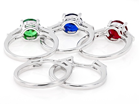 Lab Ruby, Blue Lab Spinel, and Green & White Cubic Zirconia Rhodium Over Brass Ring Set 11.41ctw
