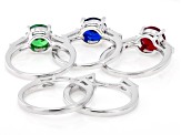 Lab Ruby, Blue Lab Spinel, and Green & White Cubic Zirconia Rhodium Over Brass Ring Set 11.41ctw