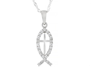 White Cubic Zirconia Rhodium Over Sterling Silver Fish and Cross Pendant 0.30ctw