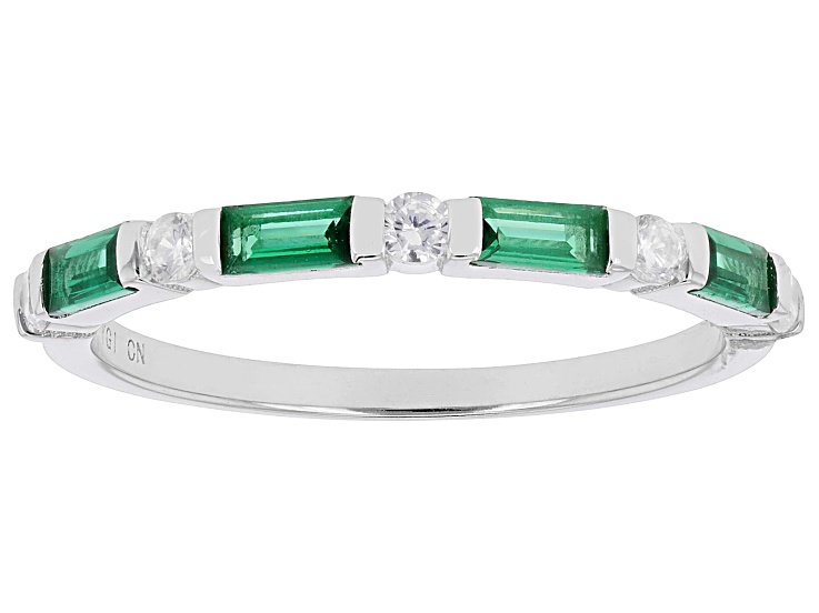 Emerald Simulant and White Cubic Zirconia Rhodium Over Sterling Silver Ring 1.18ctw