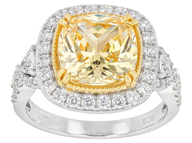 Yellow and White Cubic Zirconia Rhodium and 18K Yellow Gold Over Silver Ring 10.16Ctw