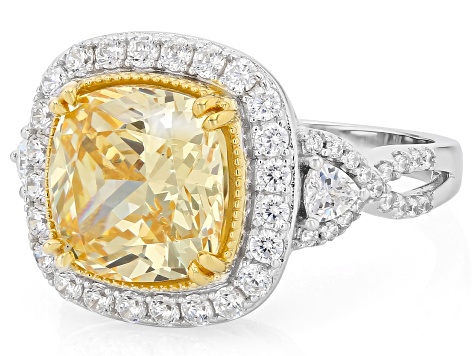 Yellow and White Cubic Zirconia Rhodium and 18K Yellow Gold Over Silver Ring 10.16Ctw