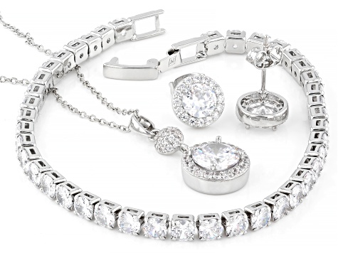 White Cubic Zirconia Rhodium Over Brass Bracelet, Pendant, and Earrings Boxed Set 23.83ctw
