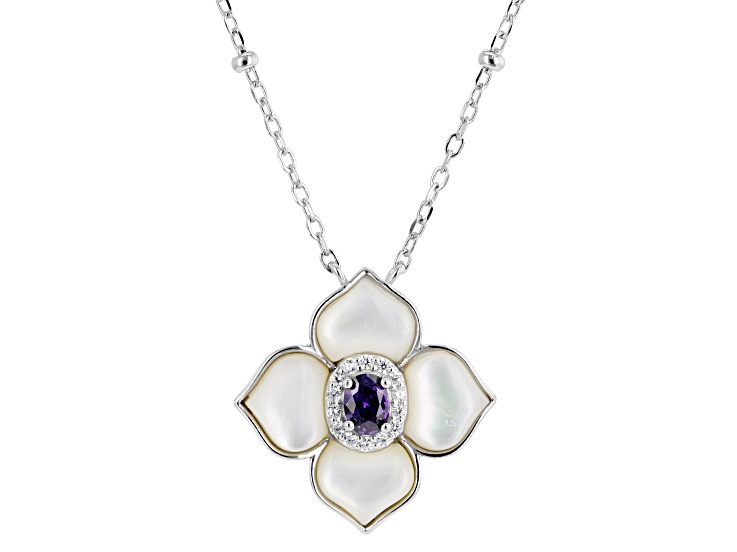 Mother-of-Pearl and Purple and White Cubic Zirconia Rhodium Over Silver Necklace 0.40ctw