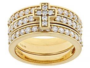 White Cubic Zirconia 18k Yellow Gold Over Brass Cross Ring Set of 3 2.00ctw