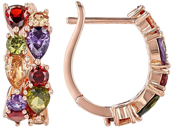 Multi-Color Cubic Zirconia 18K Rose Gold Over Brass Hoop Earrings