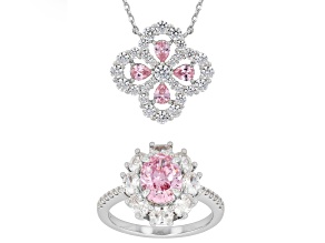 Pink and White Cubic Zirconia Platinum Over Brass Ring, and Necklace Set 9.07ctw