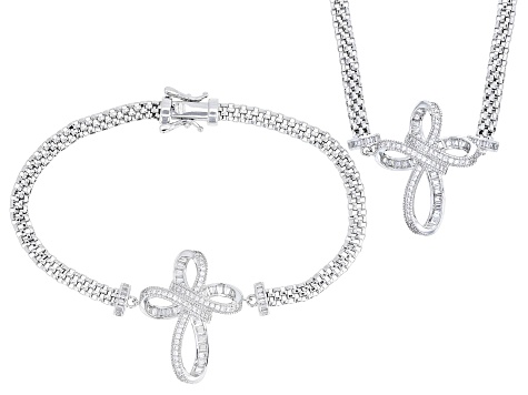 White Cubic Zirconia Rhodium Plated Cross Necklace and Bracelet