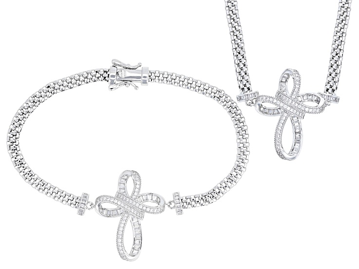 White Cubic Zirconia Rhodium Plated Cross Necklace and Bracelet Set 3.20ctw