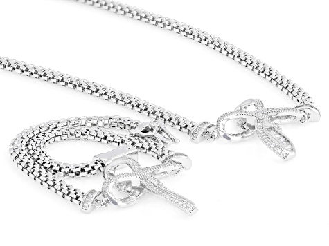 White Cubic Zirconia Rhodium Plated Cross Necklace and Bracelet
