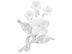 White Cubic Zirconia And White Shell Rhodium Over Brass Flower Brooch 0.28ctw