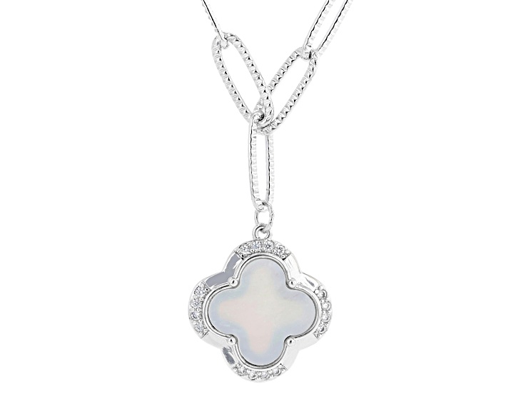Mother-of-Pearl and White Cubic Zirconia Rhodium Plated Necklace 0.19ctw