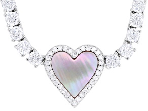 Pink Mother-of-Pearl and White Cubic Zirconia Rhodium Plated Heart Necklace 25.06ctw
