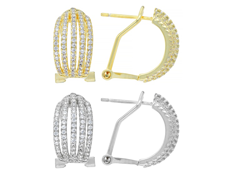 White Cubic Zirconia Rhodium and 18k Yellow Gold Plated Earring Set of 2 1.48ctw