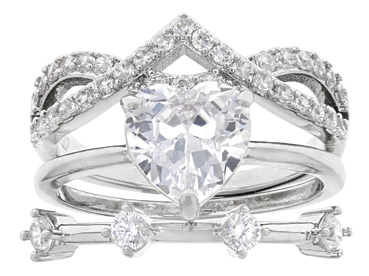 White Cubic Zirconia Rhodium Over Brass Ring Stack of 3 4.24ctw