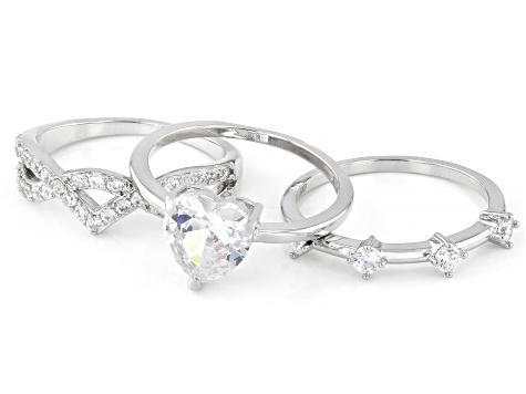 White Cubic Zirconia Rhodium Over Brass Ring Stack of 3 4.24ctw