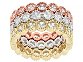 White Cubic Zirconia Rhodium and 18k Yellow and Rose Gold Over Brass Ring Set of 3 9.72ctw