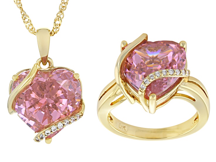 Pink and White Cubic Zirconia 18K Yellow Gold Plated Ice Flower Cut Ring and Pendant Set