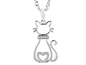 White Cubic Zirconia Rhodium Over Brass Cat Pendant 0.15ctw