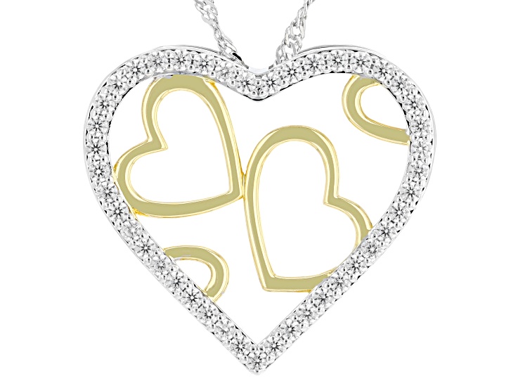 White Cubic Zirconia Rhodium and 18k Yellow Gold Over Brass Heart Pendant 1.13ctw