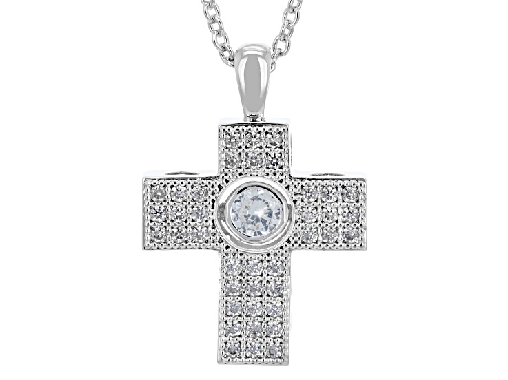 White Cubic Zirconia Rhodium Plated Dancing Stone Cross Pendant 0.91ctw