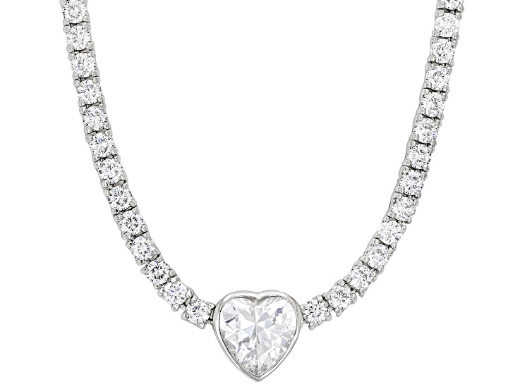 White Cubic Zirconia Rhodium Plated Heart Tennis Necklace 17.10ctw