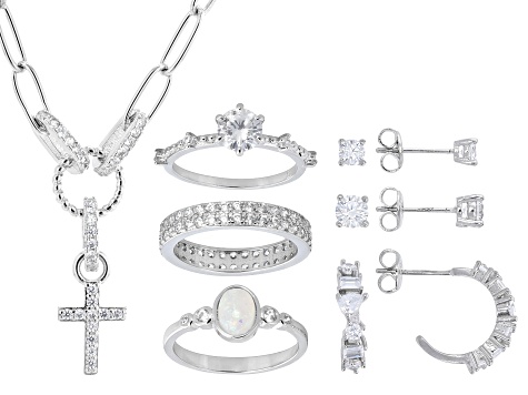 Wrinkle White Jewelry 福袋 セット White Cubic Zirconia Rhodium Plated Boxed Jewelry Set of 7 10.10