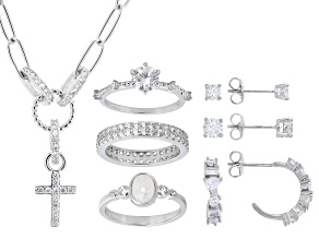 White Cubic Zirconia Rhodium Plated Boxed Jewelry Set of 7 10.10ctw