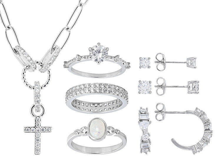 White Cubic Zirconia Rhodium Plated Boxed Jewelry Set of 7 10.10ctw