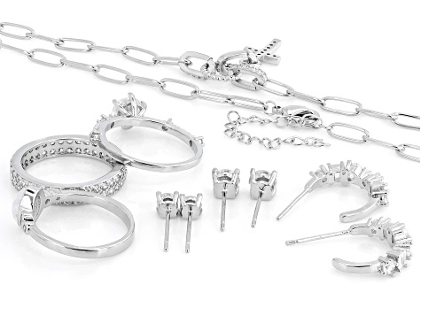 White Cubic Zirconia Rhodium Plated Boxed Jewelry Set of 7 10.10